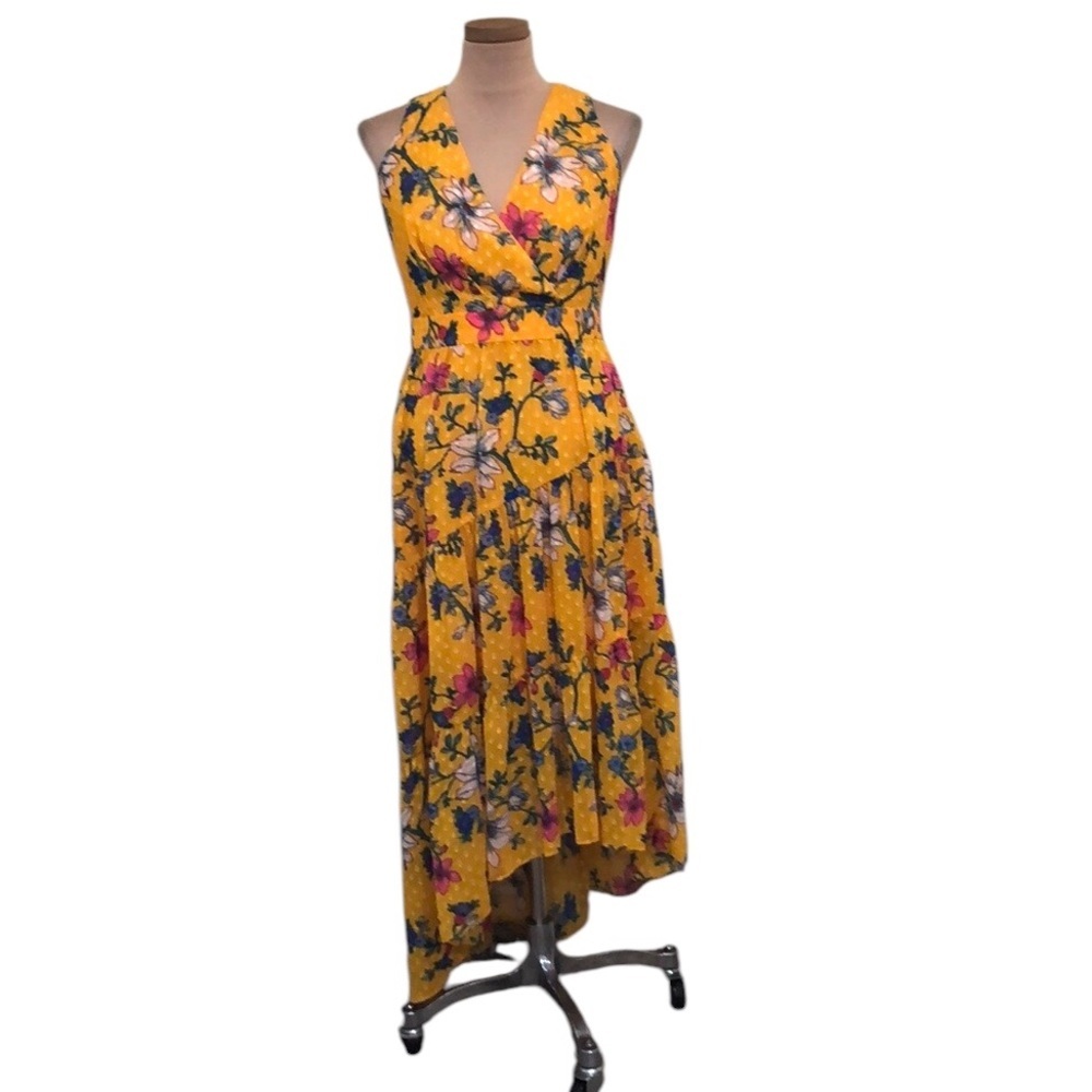 Eliza J Midi Dress Size 8 Golden Yellow Floral Swiss Polka Dot Print